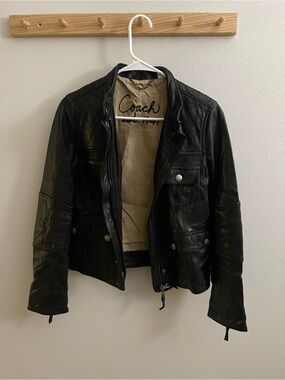 Coach Black Leather Bomber Jacket with Beige Lining